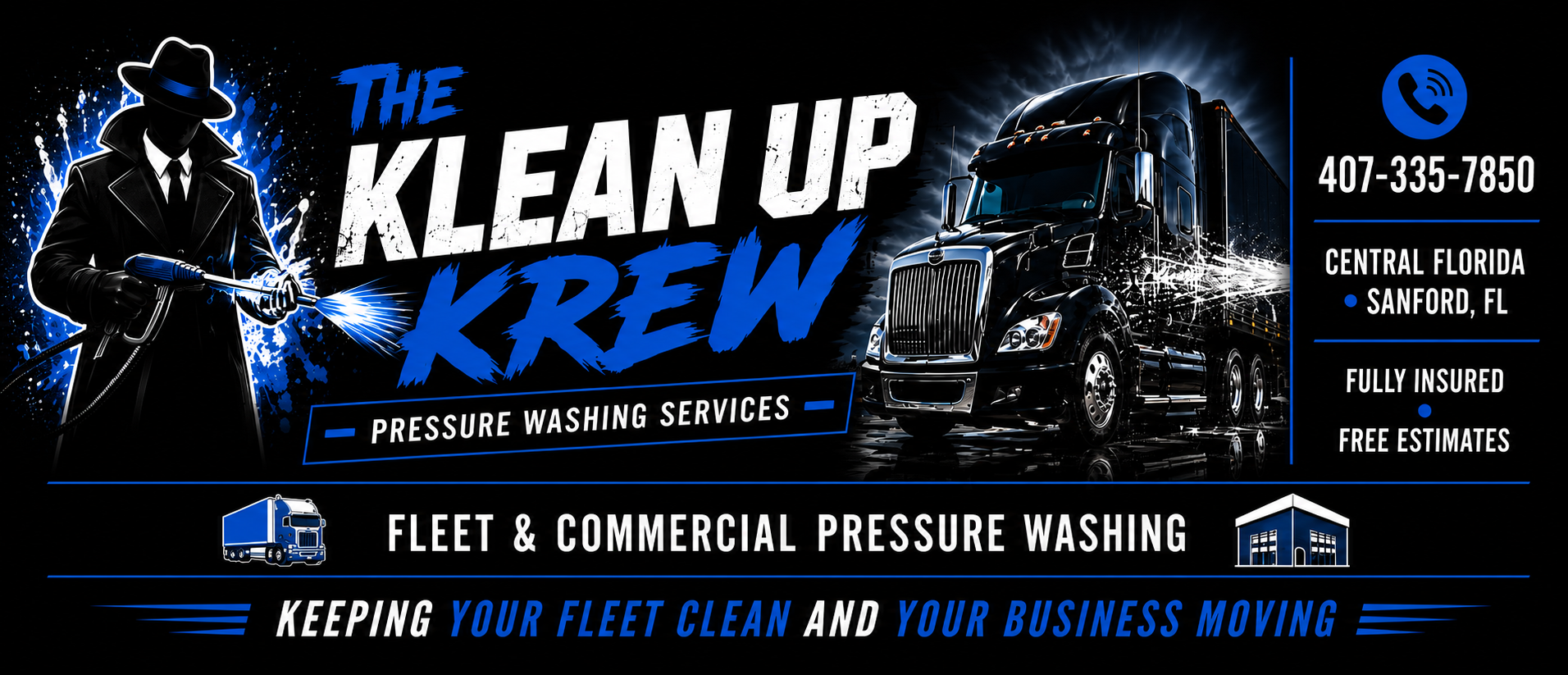 The Klean Up Krew pressure washing character and black commercial truck